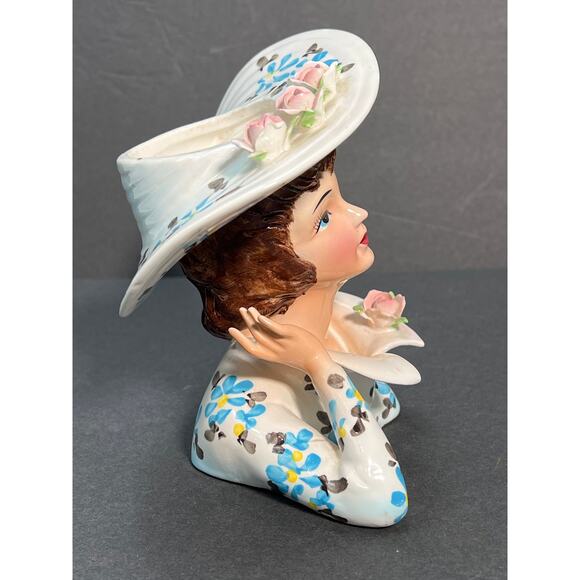 Vtg Lefton Lady Head Vase Planter 1343B Southern Belle Handpainted Big Hat MCM - Picture 4 of 9
